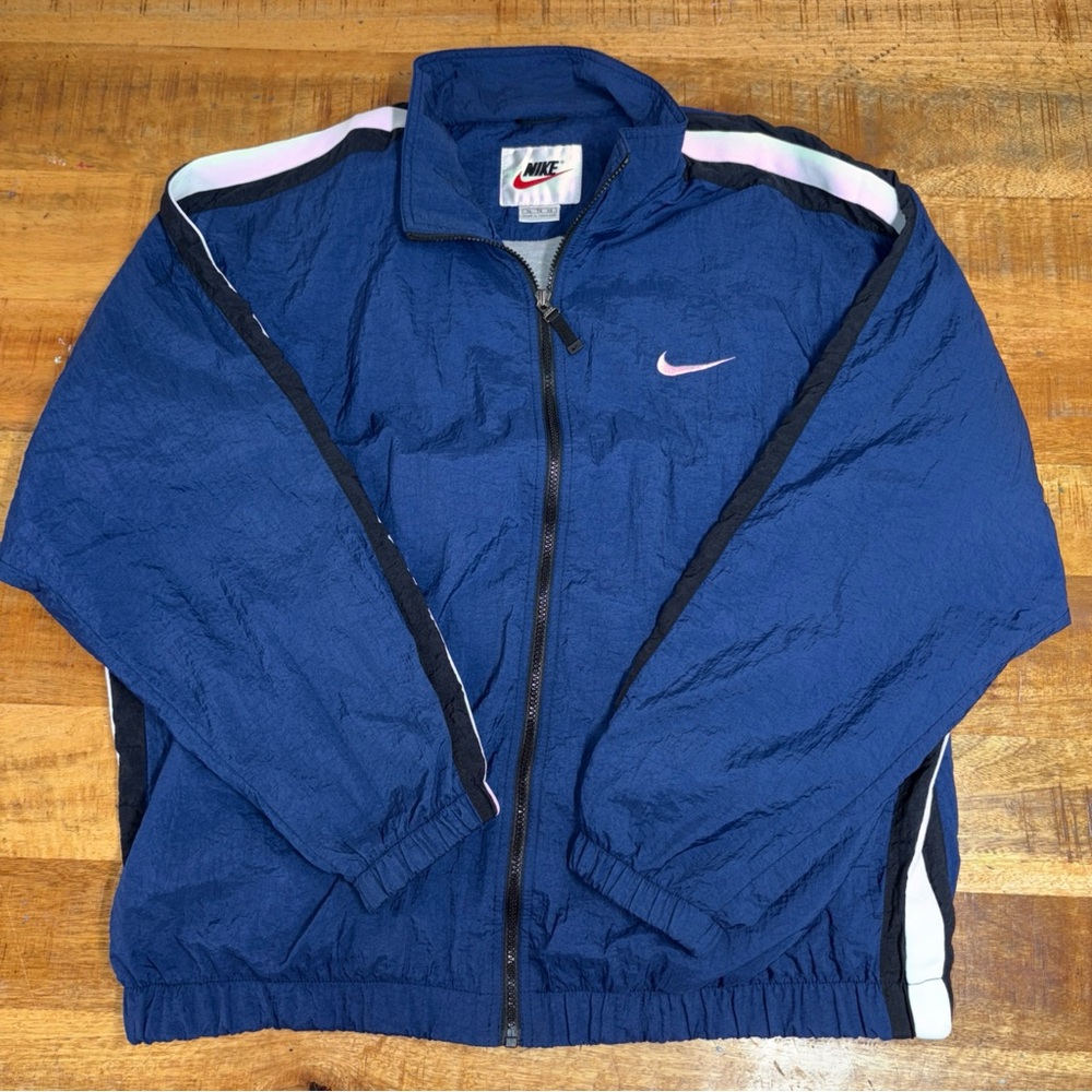 Nike Jacket Mens XL Blue White Y2K Track Windbreaker Lined Logo Zip Warm Up